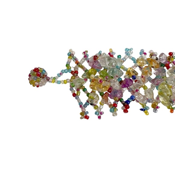 Colorful Glass Chip & Seed Beaded Lattice Stretch Wide Bracelet - Picture 6 of 14